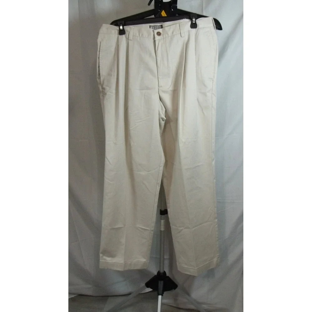IZOD Mens 36x30 Beige Pleated Chino Comfort Cuffed Straight Leg Work Dress Pants
